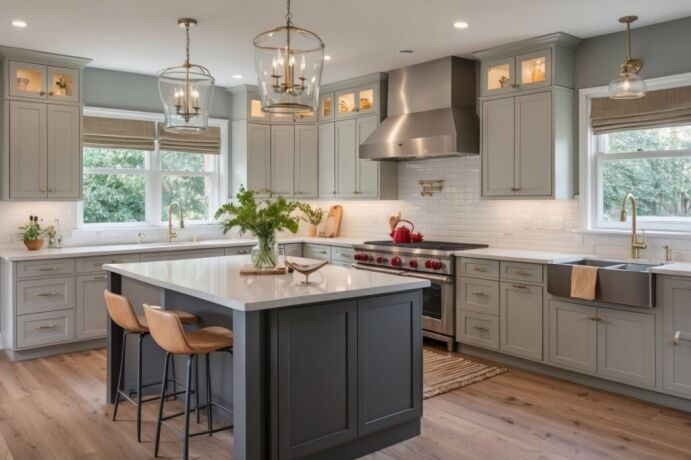 Luxurious modern kitchen with sleek cabinetry and a large central island, showcasing Bayside Builders Group's expertise in high-end Bay Area kitchen renovations.