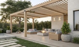 Elegant outdoor patio with modern wood pergola, featuring comfortable seating and a central fire pit, representing expert custom construction by Bayside Builders Group in the Bay Area.