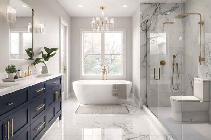 Luxurious modern bathroom featuring a free-standing bathtub, navy blue vanity with gold fixtures, and a glass-enclosed shower, exemplifying Bayside Builders Group’s expertise in Bay Area home renovation and bathroom remodeling.