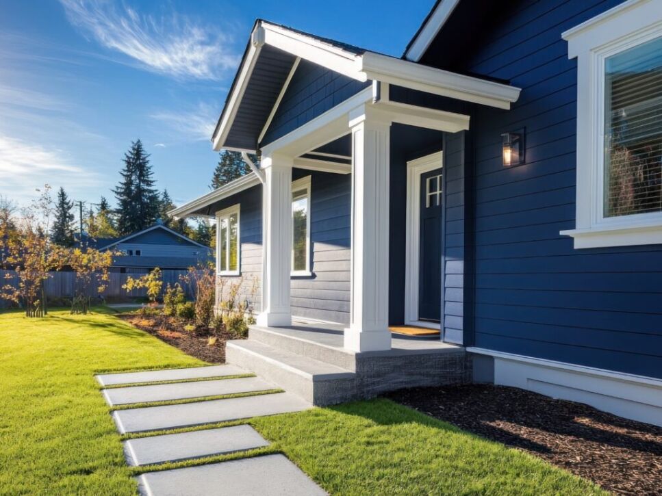 Modern blue home with a well-designed porch featuring clean lines and elegant siding, reflecting Bayside Builders Group's expertise in Bay Area home remodeling and exterior styling.