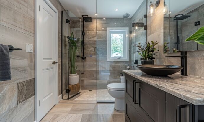 Modern bathroom with glass shower, elegant fixtures, and a sleek vanity, showcasing Bayside Builders Group's expertise in Bay Area home renovations and bathroom remodels.