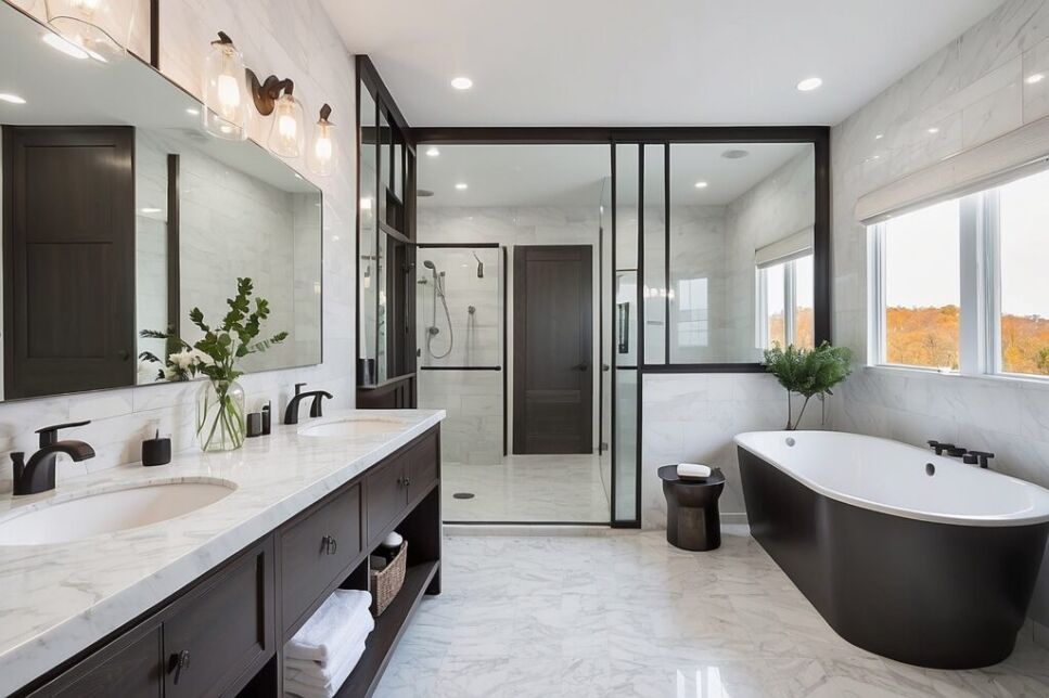 Luxurious modern bathroom renovation featuring a spacious shower, black and white colour scheme, and elegant fixtures, showcasing Bayside Builders Group's expertise in Bay Area home remodeling and design.