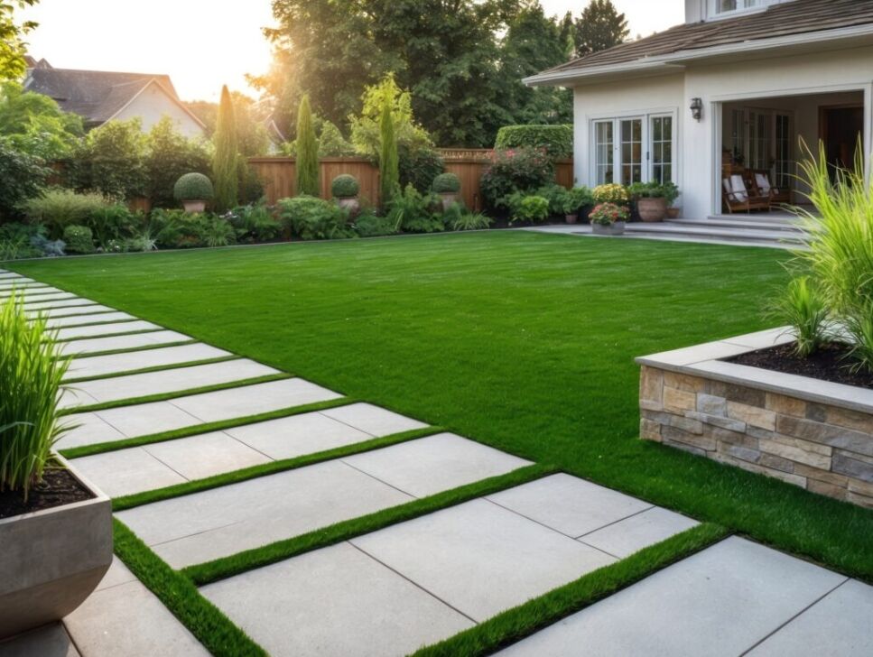 A beautifully landscaped backyard with manicured lawn and modern stone walkway, demonstrating Bayside Builders Group's expertise in home improvements and outdoor transformations in the Bay Area.