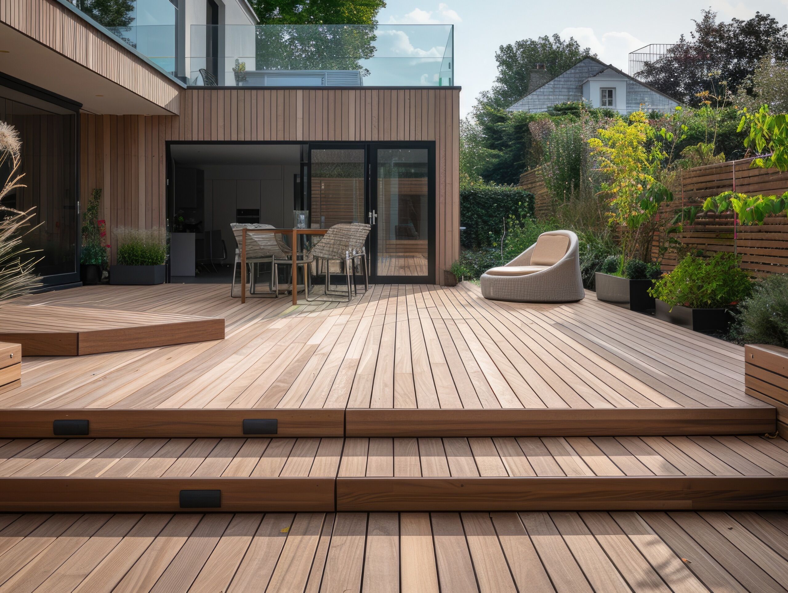 A modern outdoor patio area with natural wood decking and a comfortable seating arrangement, exemplifying Bayside Builders Group's expertise in creating stylish and functional home renovations in the Bay Area.