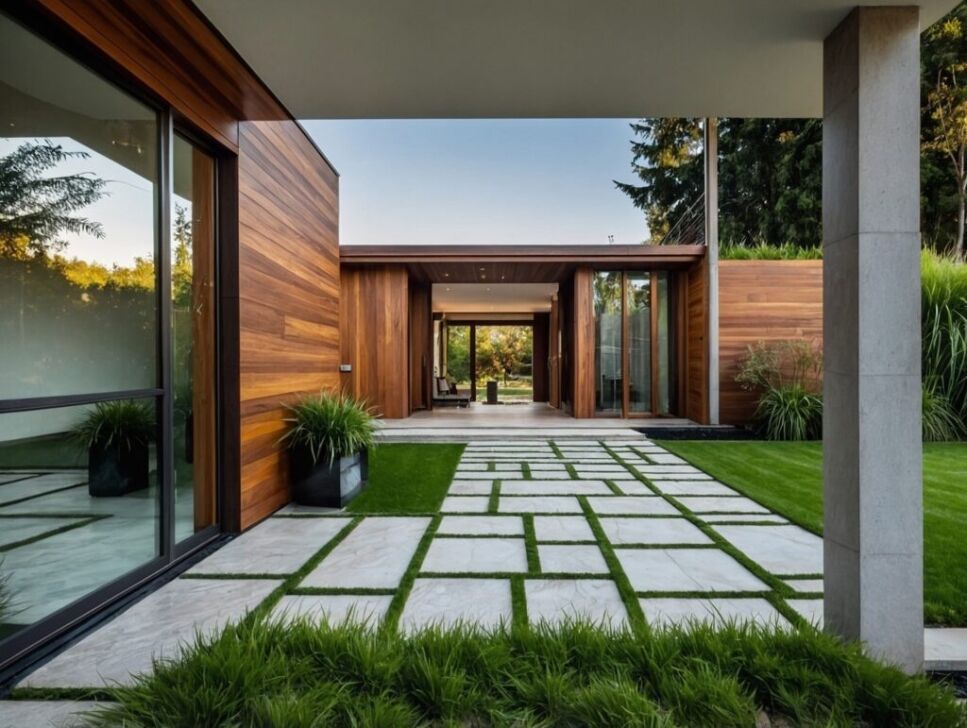 Modern home entrance with wooden siding and a landscaped pathway, exemplifying Bayside Builders Group's expertise in high-end Bay Area home renovations.