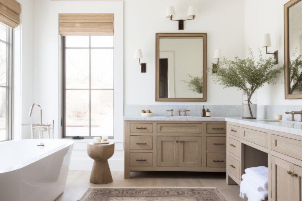 Elegant modern bathroom featuring a freestanding bathtub, wooden cabinetry, and marble countertops, exemplifying Bayside Builders Group's expertise in Bay Area home remodeling and luxurious design upgrades.