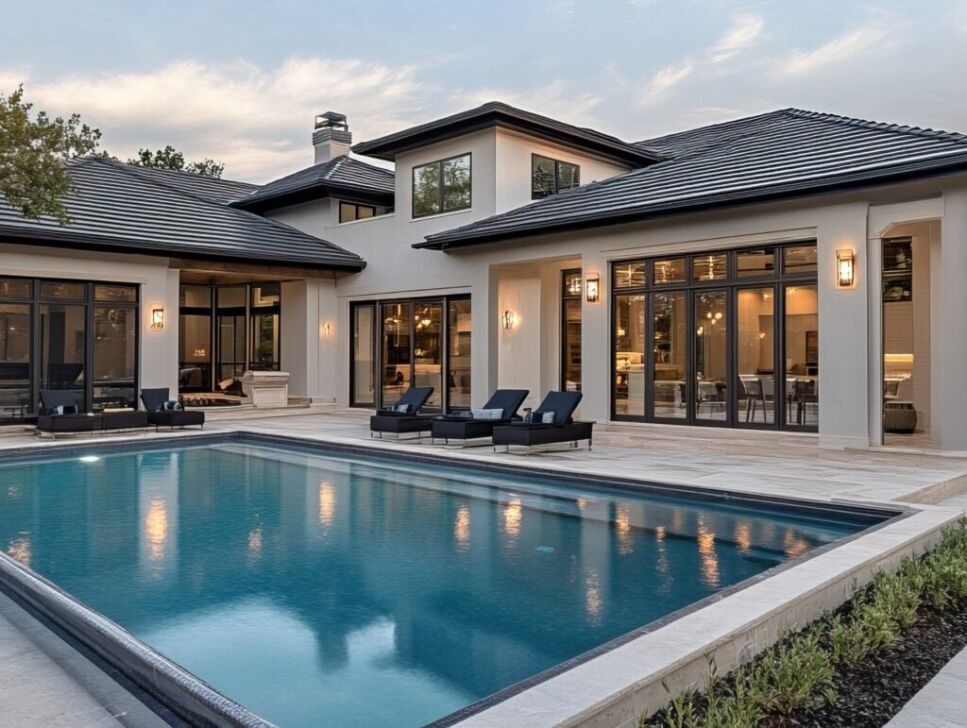Luxurious modern home with a spacious swimming pool, illustrating Bayside Builders Group's expertise in high-end home remodeling and construction in the Bay Area.