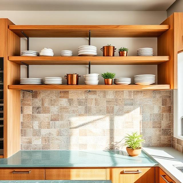 Beautiful open shelving and sustainable materials in modern kitchen. Shows floating natural wood shelves displaying white dishes, copper cookware, and small potted herbs. Below is a recycled glass countertop in soft blue-green tones with visible glass fragments. Backsplash features handcrafted ceramic tiles in earth tones. Some glass-front cabinets with internal LED lighting visible on the side. Mix of open and closed storage. Natural sunlight streaming through window. Eco-friendly, organic aesthetic, professional interior photography, Bay Area contemporary home.