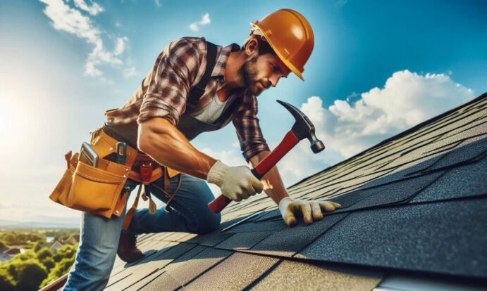 A construction worker in a hard hat and plaid shirt using a hammer to secure shingles on a roof, showcasing professional roofing services offered by Bayside Builders Group in the Bay Area.