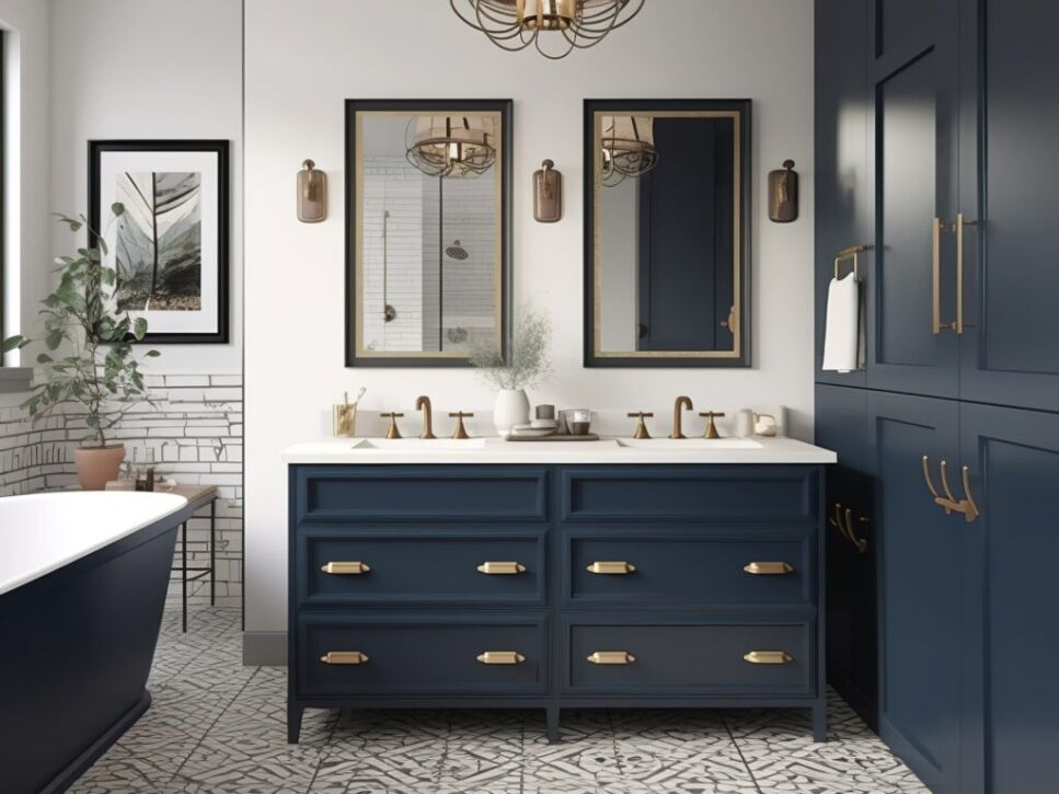 A beautifully remodeled bathroom featuring navy cabinetry with gold hardware, dual mirrors above a white countertop, and minimalist decor, showcasing Bayside Builders Group's expertise in elegant Bay Area home renovations.