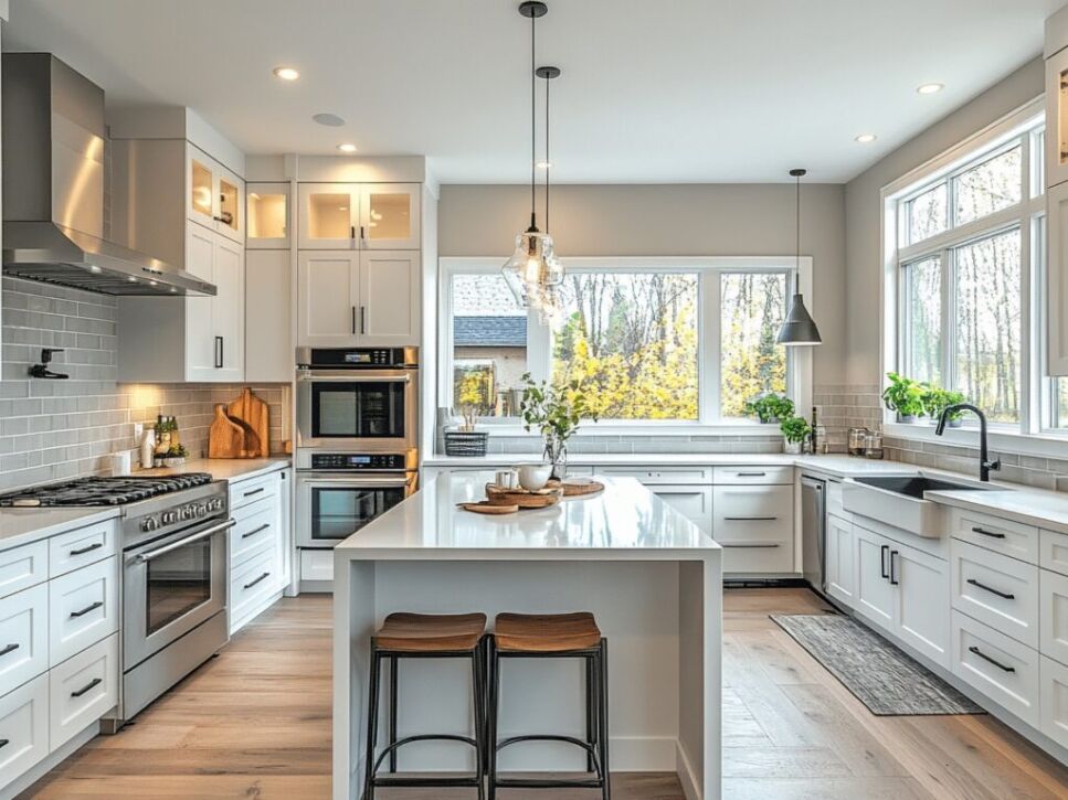 Modern kitchen featuring sleek white cabinetry and stainless steel appliances, showcasing Bayside Builders Group's expertise in stylish kitchen renovations in the Bay Area.