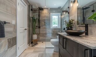 Modern bathroom with glass shower, elegant fixtures, and a sleek vanity, showcasing Bayside Builders Group's expertise in Bay Area home renovations and bathroom remodels.