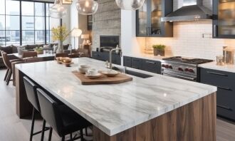 A modern kitchen renovation by Bayside Builders Group features a sleek marble countertop and dark cabinetry, epitomizing contemporary home improvement in the Bay Area.