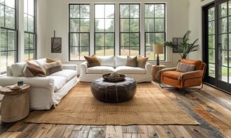 A beautifully renovated living room with large windows overlooking greenery, showcasing Bayside Builders Group's expertise in home remodeling and elegant design in the Bay Area.