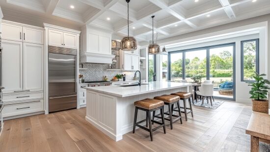 A beautifully remodeled kitchen with sleek white cabinets, a spacious island with seating, and modern lighting, exemplifying Bayside Builders Group's expertise in Bay Area kitchen renovations.