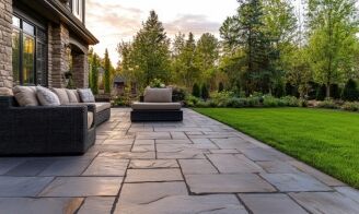 A spacious, elegantly designed stone patio extends from a modern home, bordered by lush green landscaping, exemplifying the quality outdoor living spaces crafted by Bay Area construction experts like Bayside Builders Group.