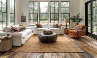 A beautifully renovated living room with large windows overlooking greenery, showcasing Bayside Builders Group's expertise in home remodeling and elegant design in the Bay Area.