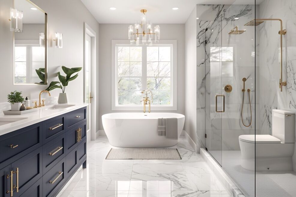Luxurious modern bathroom featuring a free-standing bathtub, navy blue vanity with gold fixtures, and a glass-enclosed shower, exemplifying Bayside Builders Group’s expertise in Bay Area home renovation and bathroom remodeling.