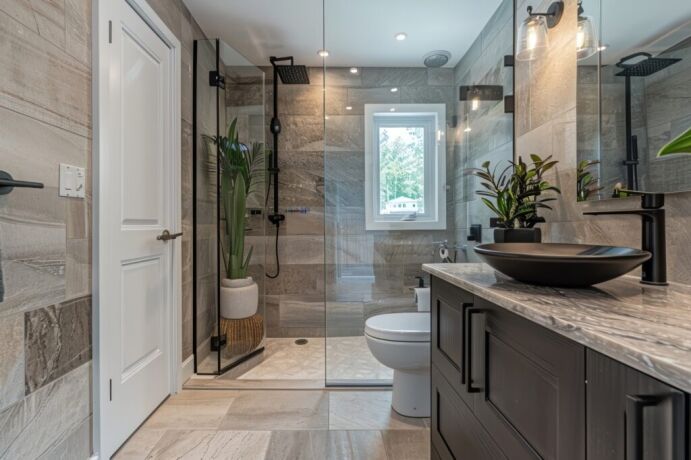 Modern bathroom renovation by Bayside Builders Group in the Bay Area, featuring elegant tile work, a spacious glass shower, and contemporary fixtures enhancing home comfort.
