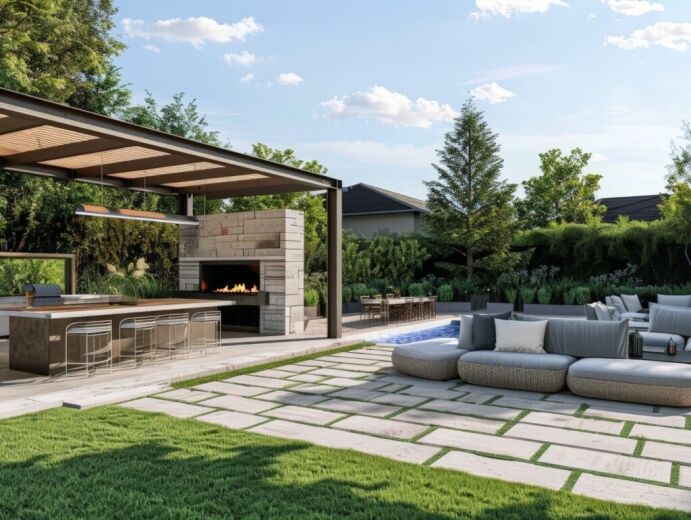 Modern outdoor living space featuring a covered patio with a built-in grill and fireplace, complemented by luxurious seating and well-manicured greenery, showcasing Bayside Builders Group's expertise in creating custom Bay Area home renovations and outdoor transformations.