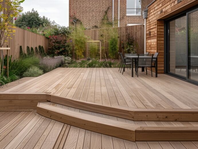 A wooden deck with steps and modern outdoor furniture, highlighting Bayside Builders Group's expertise in creating serene and functional home improvement projects in the Bay Area.