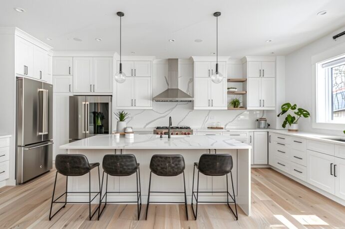 Modern kitchen with sleek white cabinetry, a large island with black stools, and stainless steel appliances, showcasing the high-quality remodeling services by Bayside Builders Group in the Bay Area.