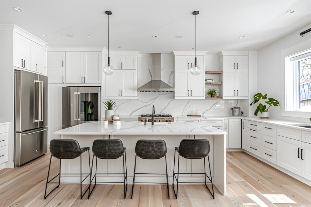 Modern kitchen with sleek white cabinetry, a large island with black stools, and stainless steel appliances, showcasing the high-quality remodeling services by Bayside Builders Group in the Bay Area.