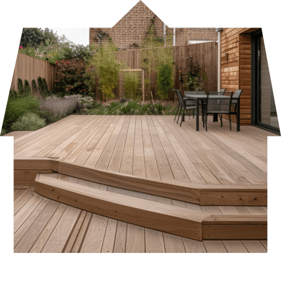 A beautifully crafted wooden deck in a Bay Area backyard, highlighted by expertly designed steps, showcasing Bayside Builders Group's expertise in custom home improvement and outdoor living enhancements.